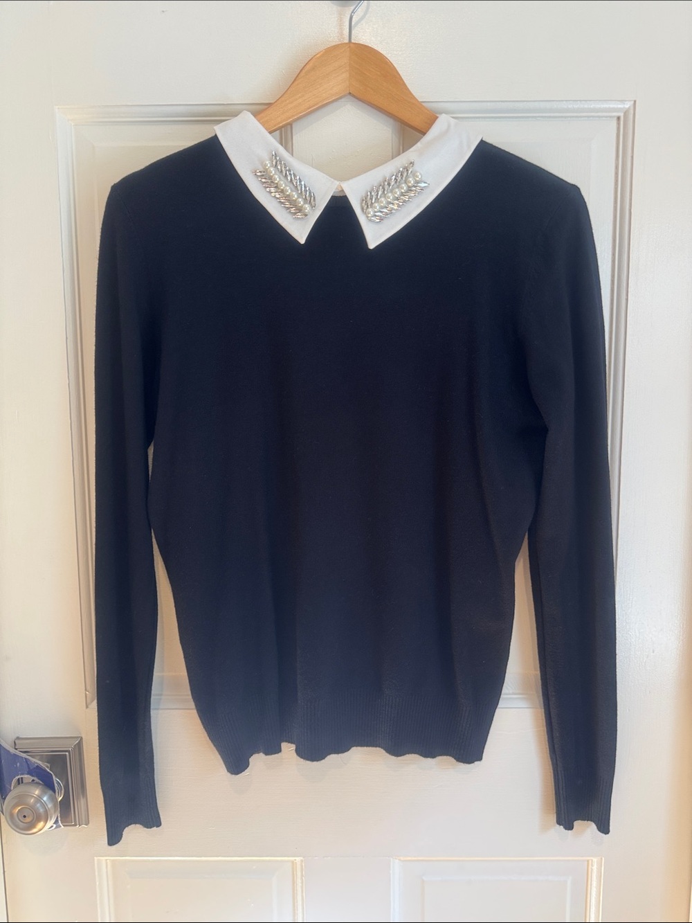 Milano Black Long-Sleeve Sweater with White Beaded Collar size M
